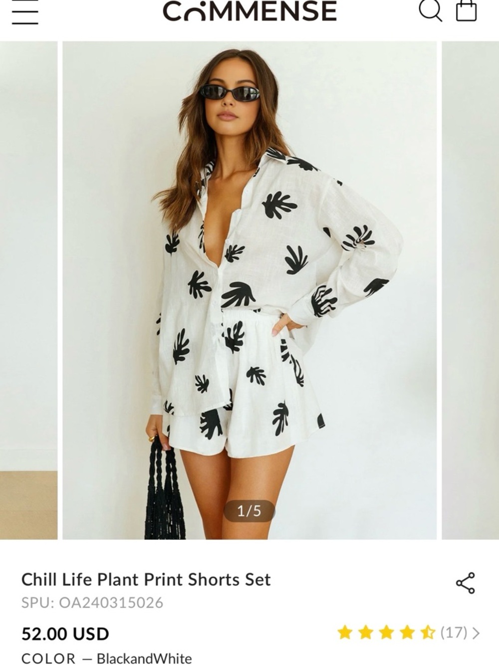 Commense XL Black and White Plant-Print Shirt & Shorts Set
